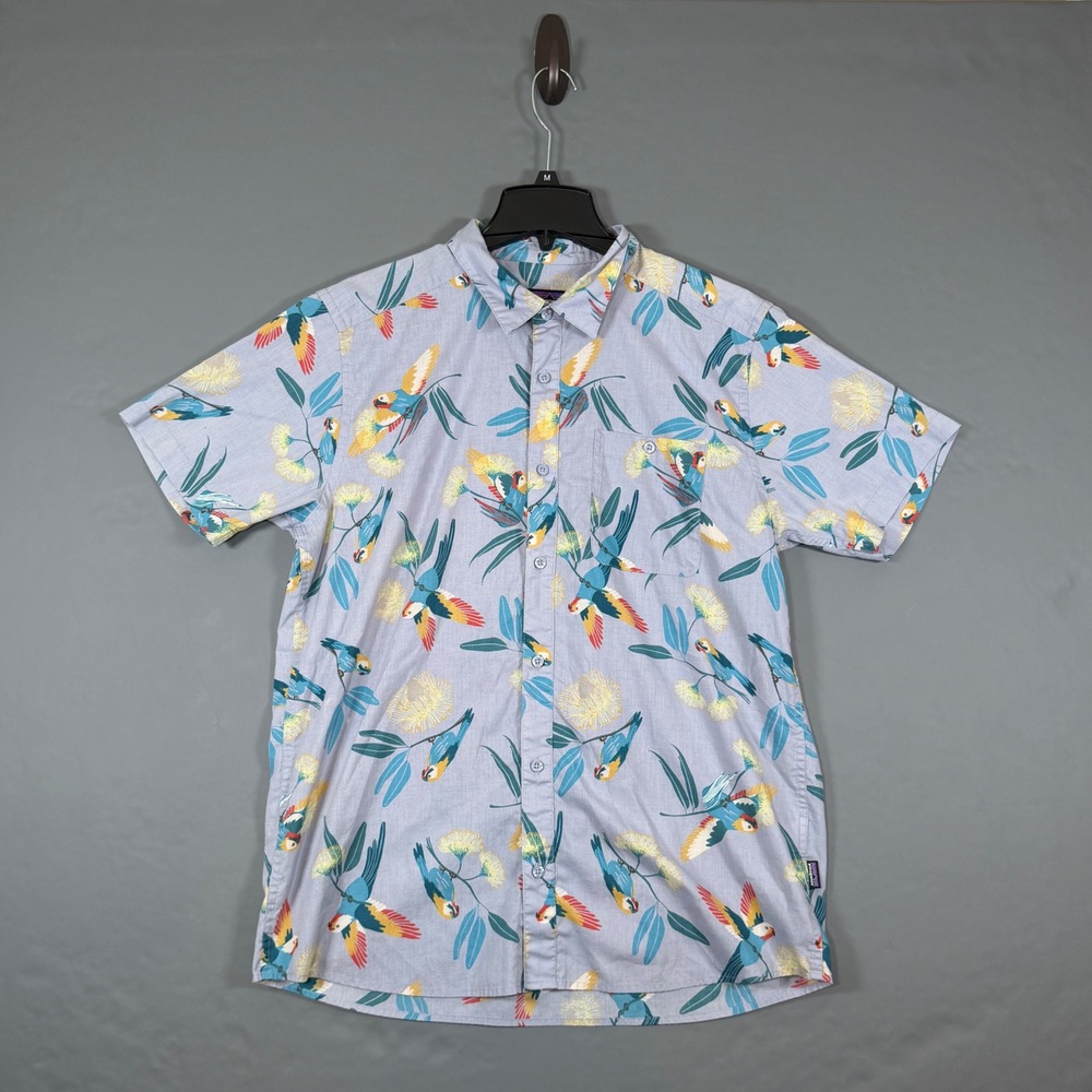 Patagonia "Go To" Parrot Hawaiian Shirt Mens L Organic Cotton Bleach Stain